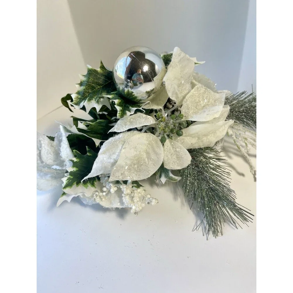 Lot of 3 White Artificial Poinsettias, Snowy pine and Sliver Ornaments